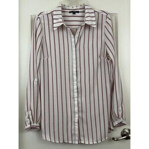 ADRIANNA PAPELL - Red Blue Stripe Long Sleeve Button Up Chiffon Shirt Blouse M